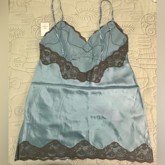 NEW Gold Hawk Two Tone V-Back Lace Chemise Silk Cami L Niagara Blue Brown Lace - Picture 6 of 8